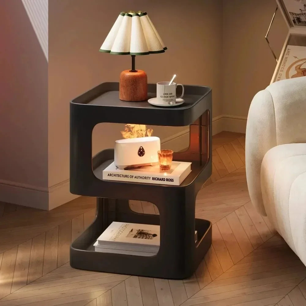 Modern Black Side Table with Storage | Light Luxury Sofa Table Bookshelf | Living Room Furniture