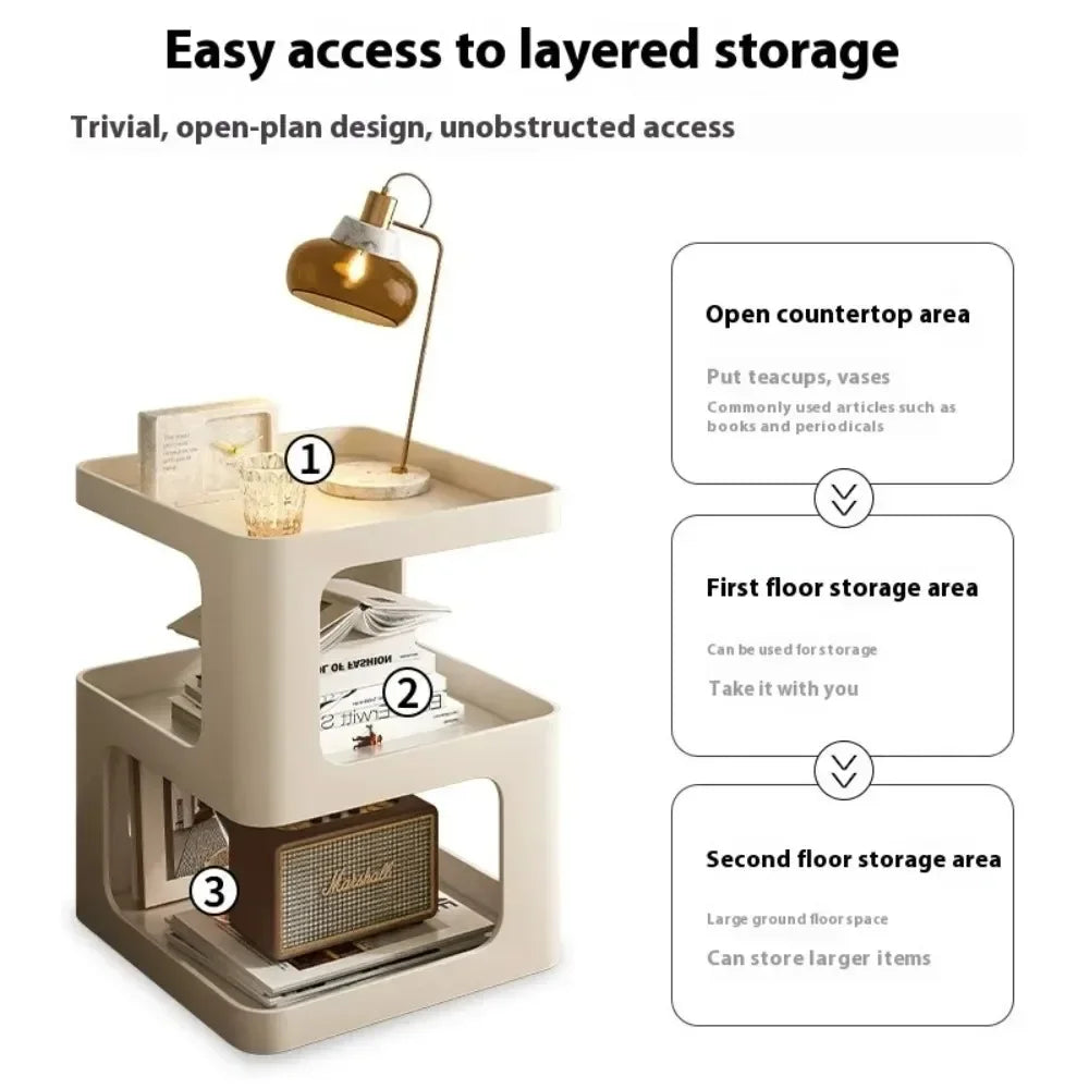 Modern Beige Sofa Side Table with 3-Tier Storage: Lamp, Books, Speaker - Living Room Furniture