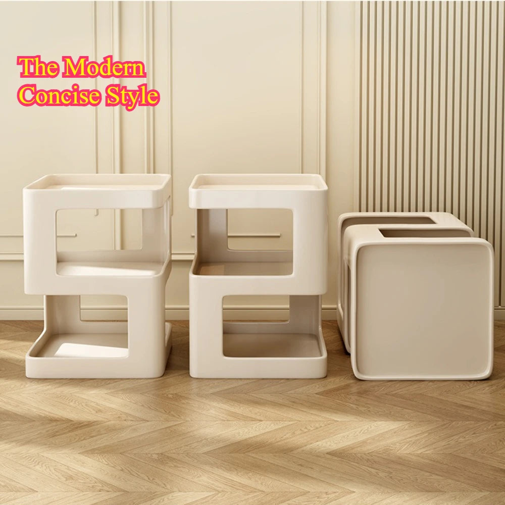 Modern cube sofa tables/bookshelves in beige for living room. Minimalist design, multi-layer storage, solid color. The Decor Loft.