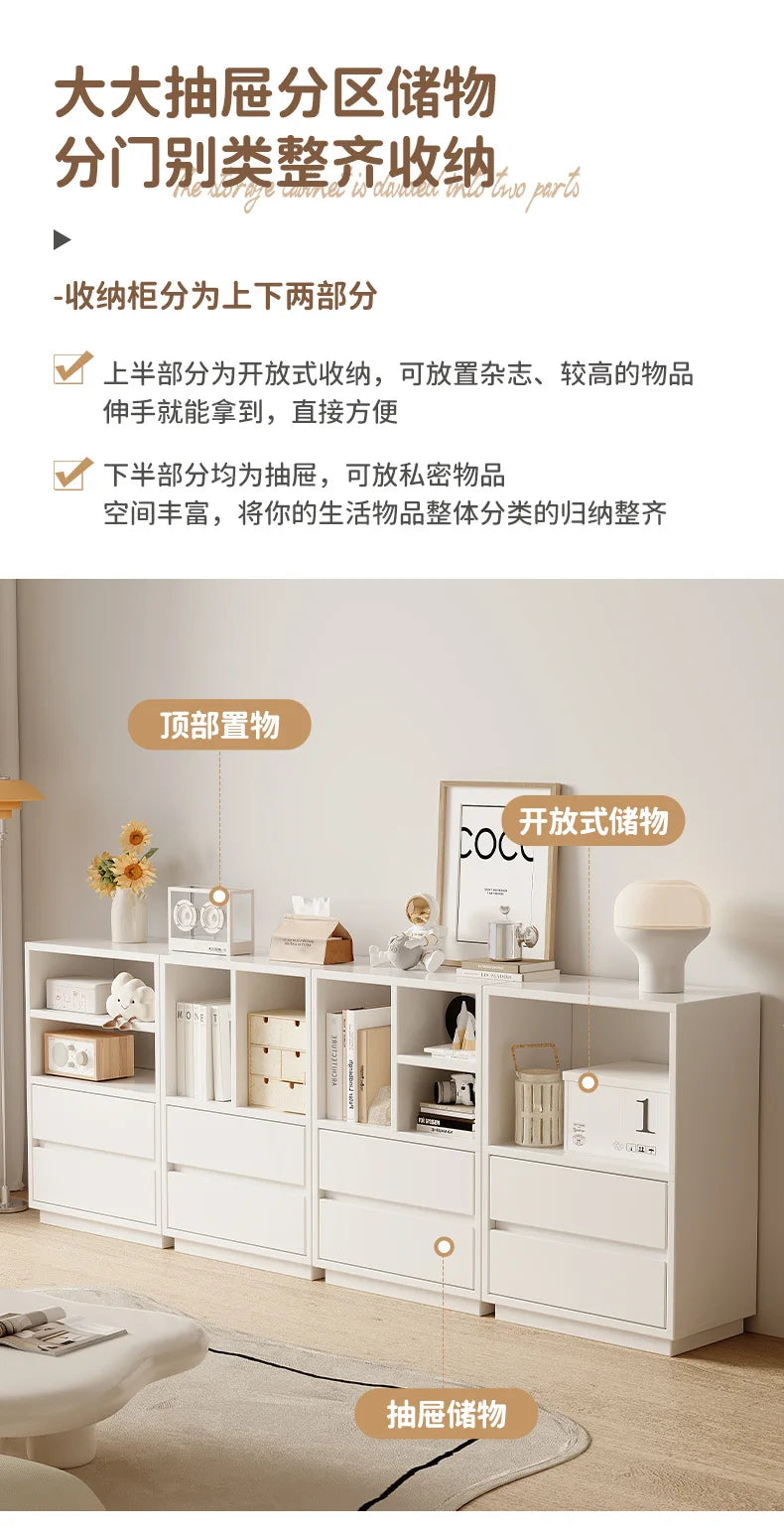 Modern minimalist storage cabinet with drawers & open shelving for organized storage. Perfect for home.