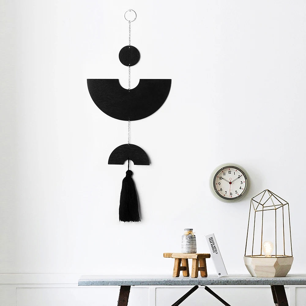 Boho Black Geometric Wood Wall Decor with Tassel | Modern Art Hanging Mobile