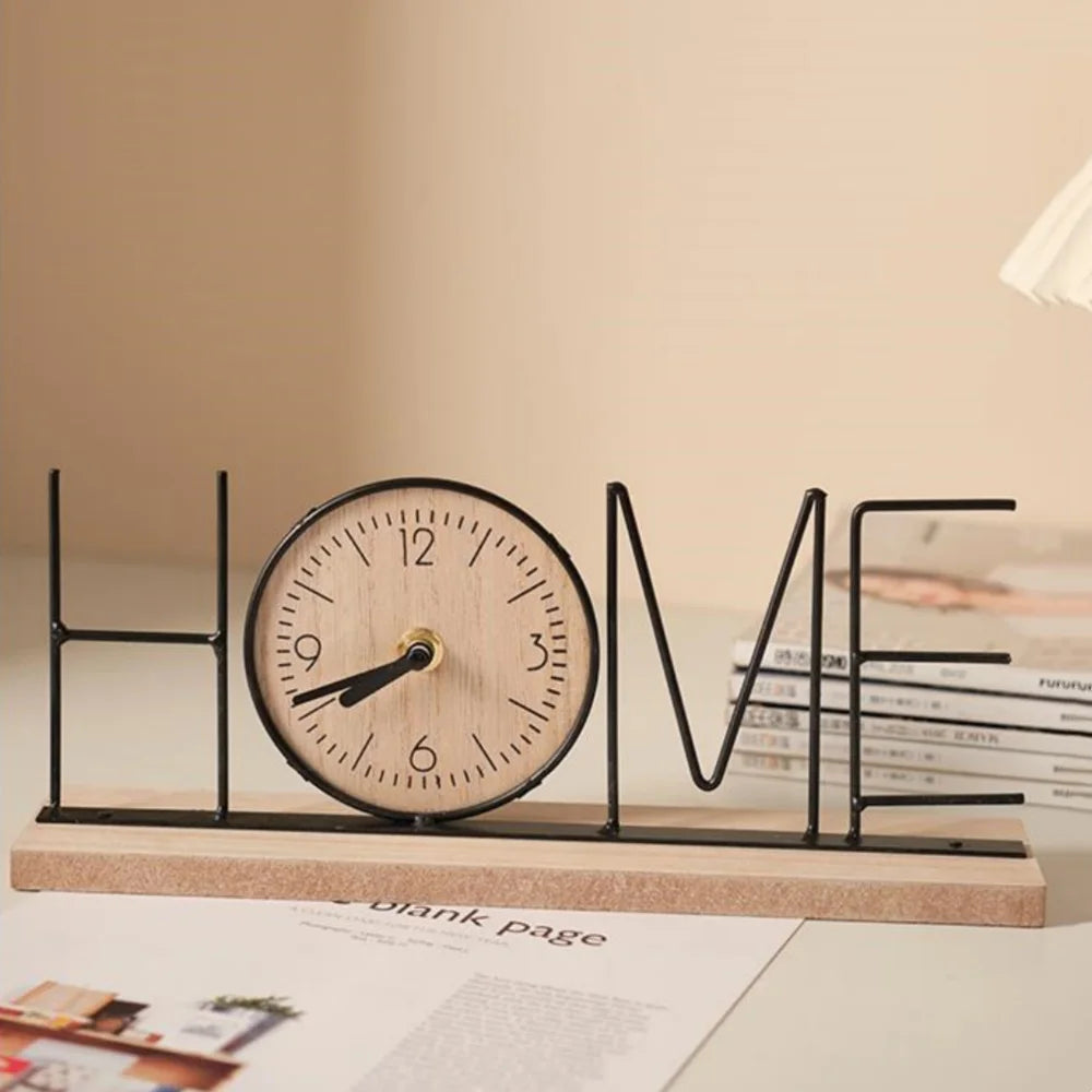 Decorative "HOME" Clock Sculpture on Wood Base. Modern Style Tabletop Decor. Timepiece & Home Accent Piece.