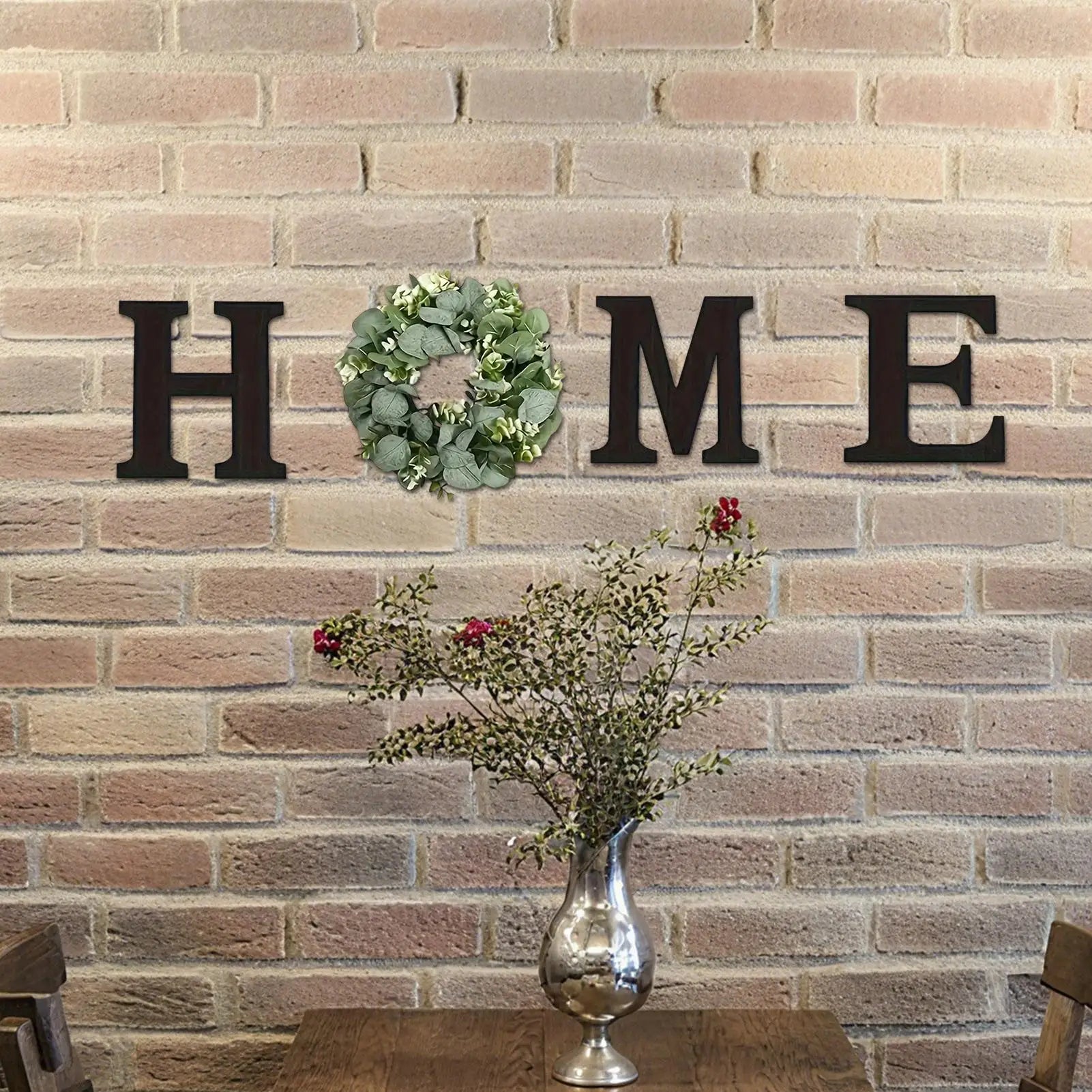Rustic HOME Decor: Wooden Letters and Wreath on Brick Wall | Cozy Living Room Sign