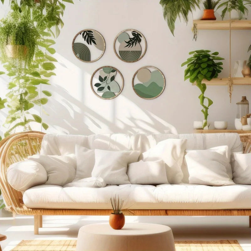 Bohemian Wall Art Set: Wood Framed Circular Designs for a Cozy Living Room Decor with White Sofa & Plants