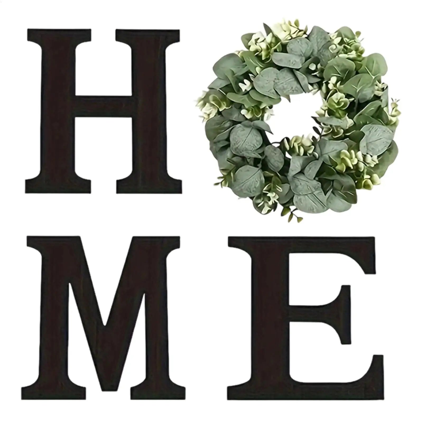 HOME wooden letter wall sign with eucalyptus wreath. Modern home decor, rustic wall art.
