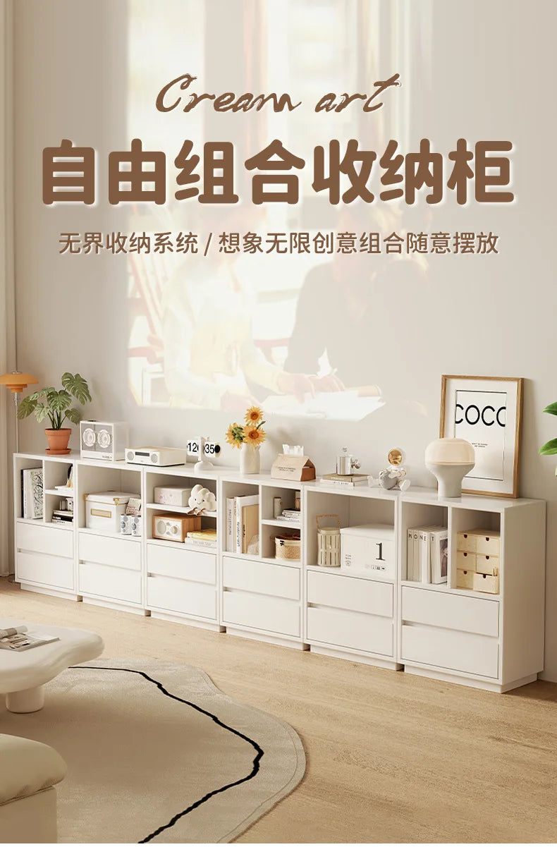 Modern White Modular Storage Cabinet with Drawers and Shelves, Cream Art