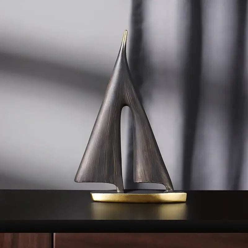 Modern Sailboat Sculpture - Home Decor Ornament by The Decor Loft. Minimalist nautical style, brass and dark wood finish. 