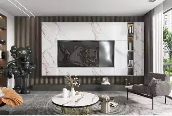 Modern Living Room with Marble TV Cabinet and Wall Unit Design