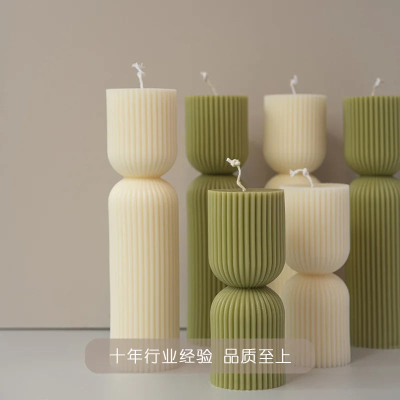 Handmade Striped Candles: Soy Wax Scented Decor, White & Green Pillar Candles