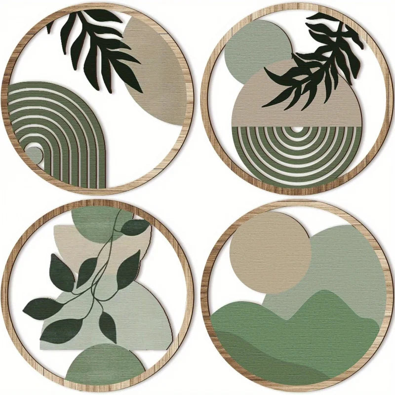Bohemian Wood Wall Art: Abstract Nature Scenes, Set of 4, Circle Decor