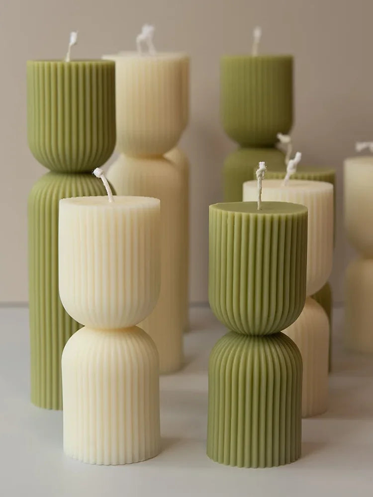 Handmade striped column candles: green and white scented soy wax decor, unique home accents