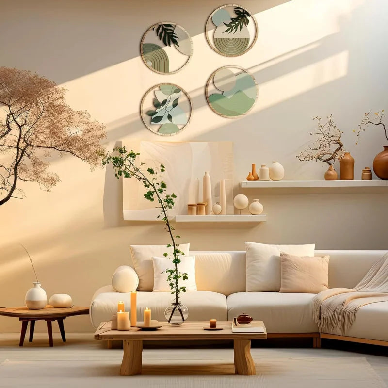 Bohemian Living Room: 4 Round Wooden Wall Art, Neutral Decor, Cozy Interior