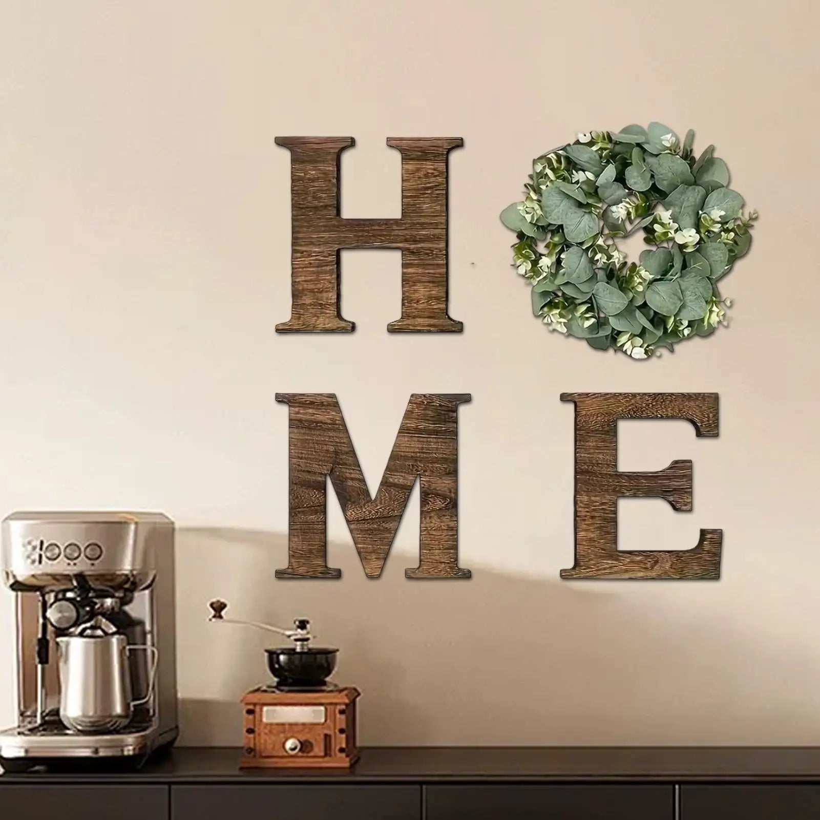 Rustic Wooden HOME Wall Decor Sign with Eucalyptus Wreath - Farmhouse Style Lettering