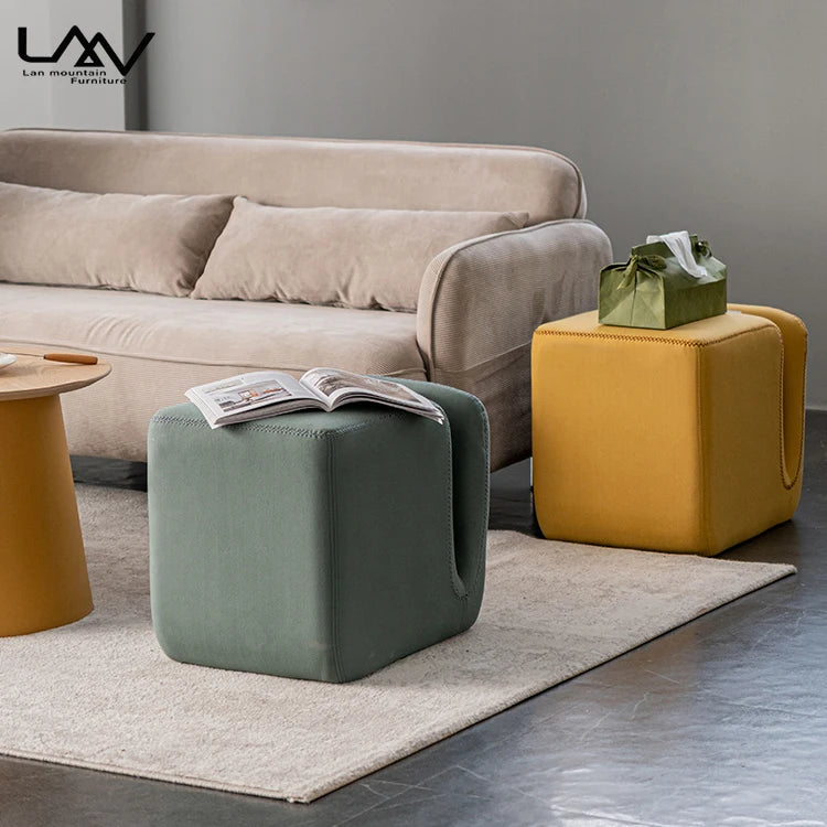Modern Foot Stool Ottoman - Green & Yellow Fabric Design - LanMountain Furniture - Living Room Bedroom Decor