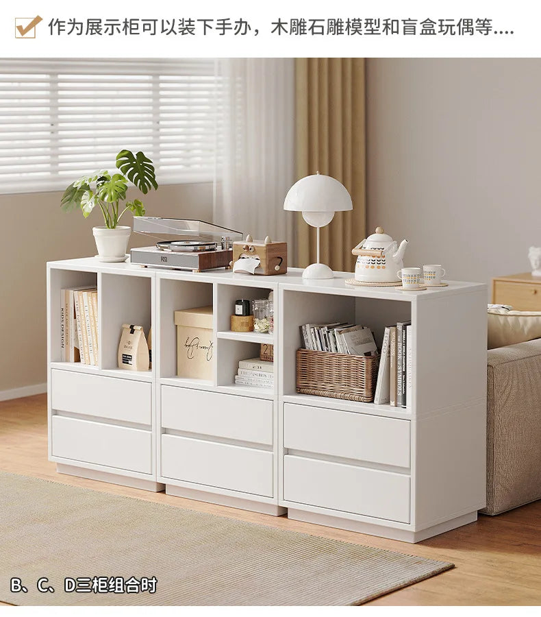 Modern white modular storage cabinet with drawers and shelves for minimalist home furniture and interior design.
