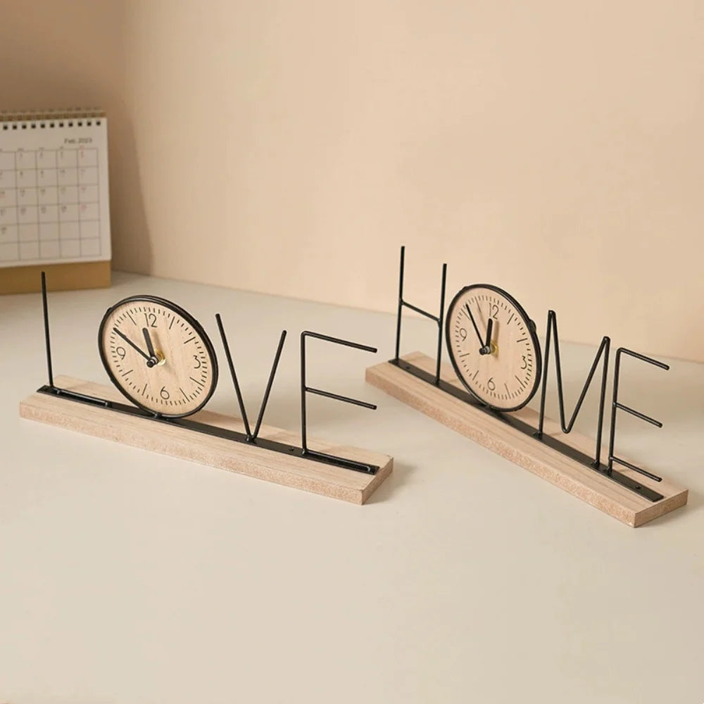 Love & Home Decor: Modern style clock figurines with wooden bases. Decorative table top accessories.