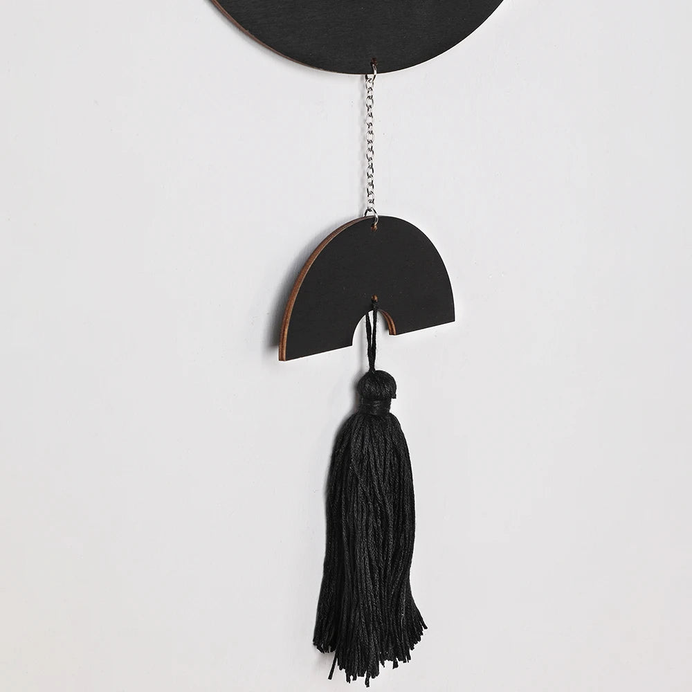 Boho Black Wood Wall Hanging with Tassel - Modern Dream Catcher Decor