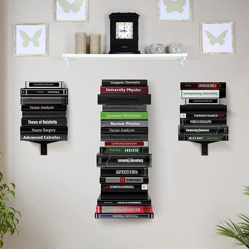 Floating Bookshelves: Stacks of Academic Books Decorating a Wall - University Physics, Quantum Mechanics, Finance, and more.