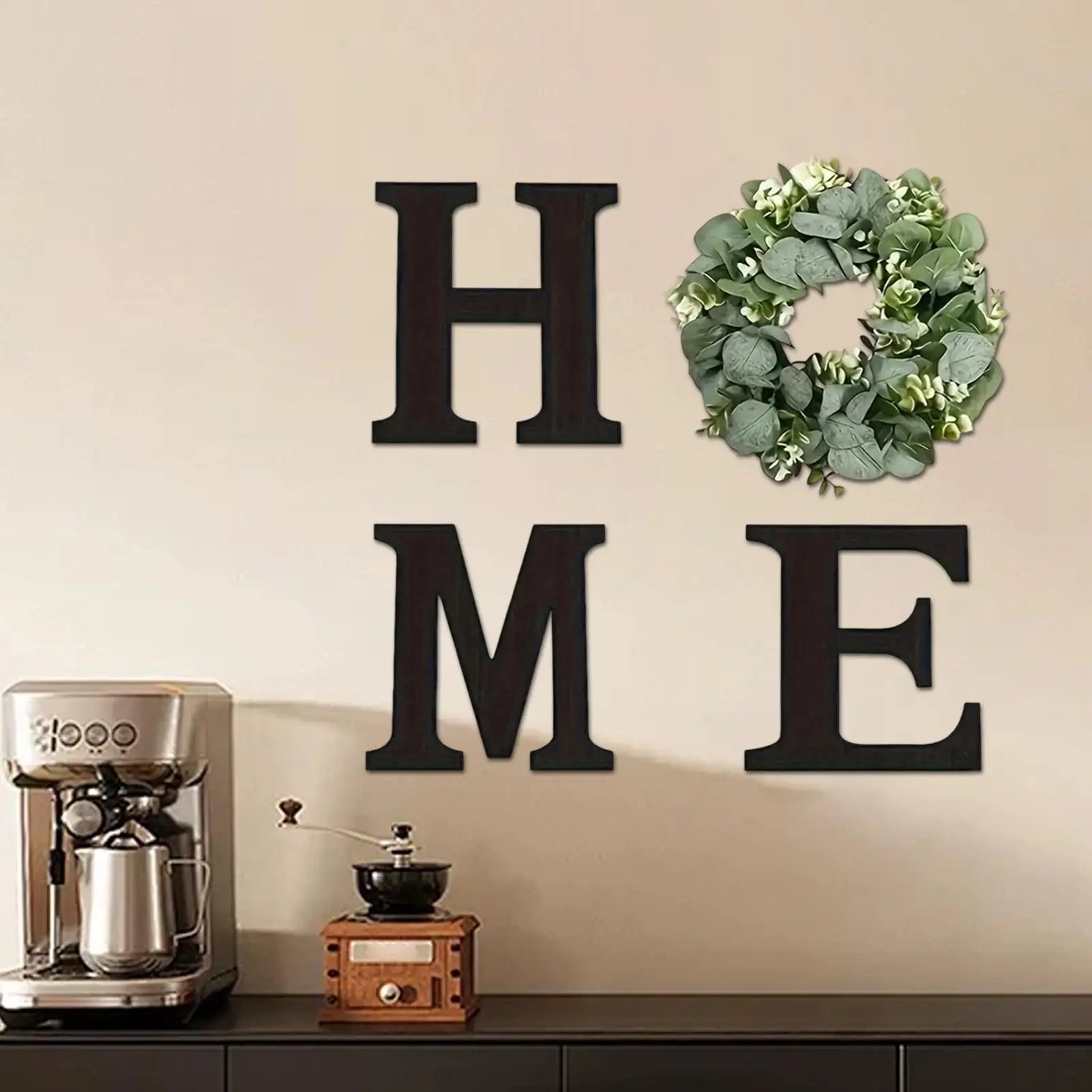 HOME Wooden Letter Wall Decor with Eucalyptus Wreath in Kitchen Setting
